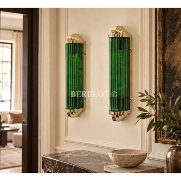 Pair of Art Deco Green Clear Glass Wall Sconces with Brass Frame | Tall Statement Wall Lights
