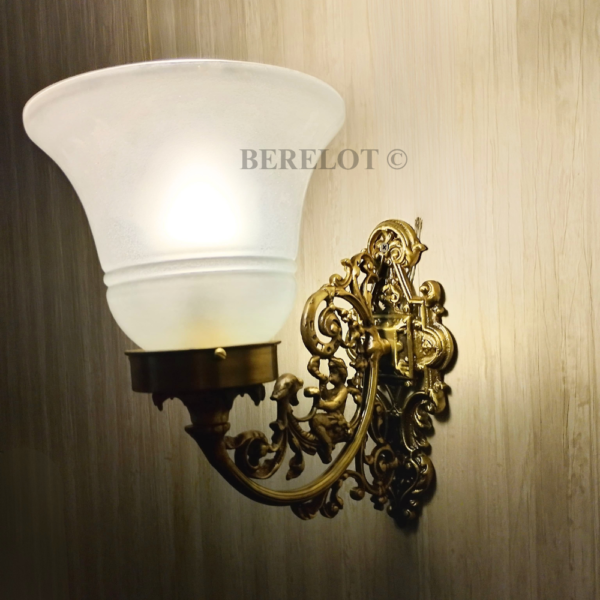 Pair of Antique Brass Victorian Wall Lamps with Frosted Glass Shades | Ornate Vintage Sconces