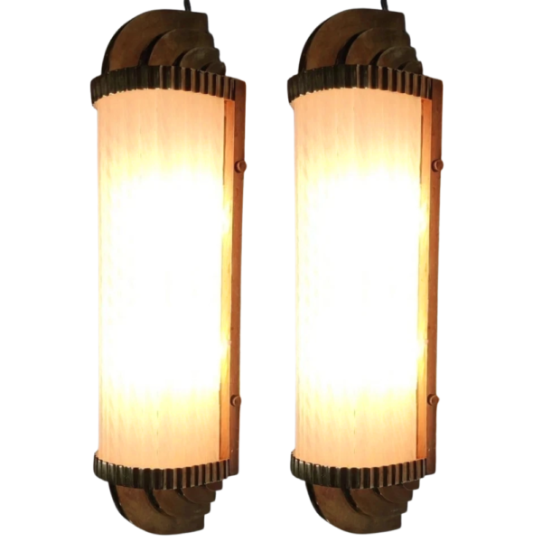 Antique Brass Art Deco Wall Lights with Twisted Frosted Glass Rods | Pair of Vintage Sconces
