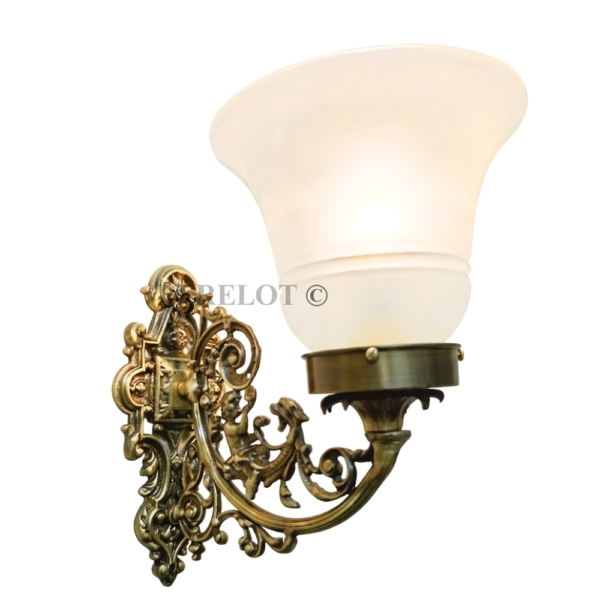 Pair of Antique Brass Victorian Wall Lamps with Frosted Glass Shades | Ornate Vintage Sconces