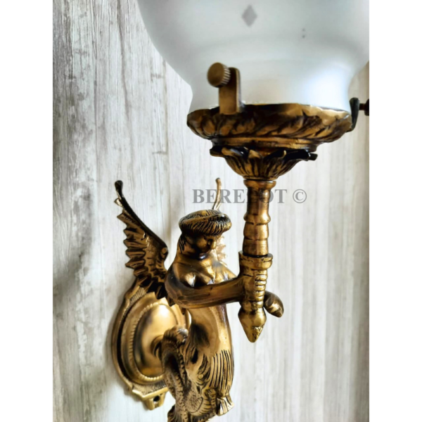 Pair of Antique Brass Mermaid Fairy Wall Lamps with Frosted Etched Glass Shades | Vintage Figurine Sconces