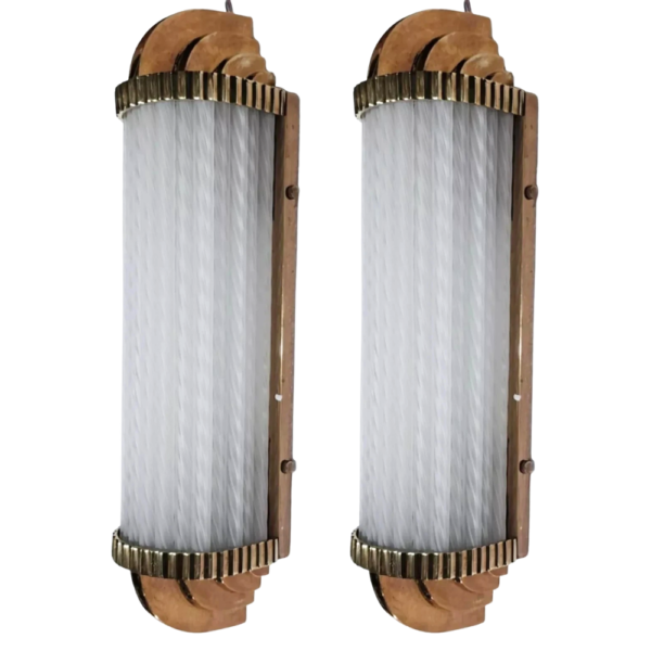Antique Brass Art Deco Wall Lights with Twisted Frosted Glass Rods | Pair of Vintage Sconces