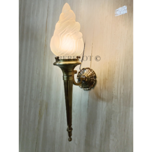 Pair of antique brass mashaal sconces with frosted flame glass