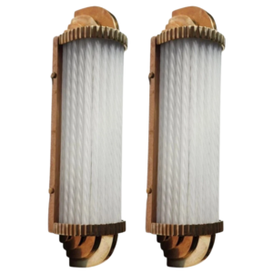 Pair of antique brass Art Deco sconces with twisted frosted glass rods