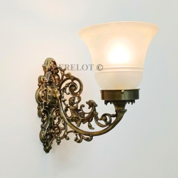Pair of Antique Brass Victorian Wall Lamps with Frosted Glass Shades | Ornate Vintage Sconces