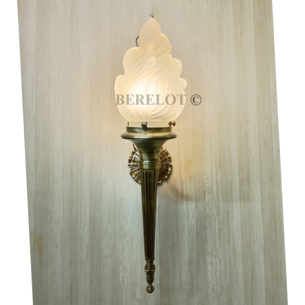 Pair of Antique Brass Mashaal Wall Lamps with Frosted Flame Glass Shades | Vintage Heritage Sconces