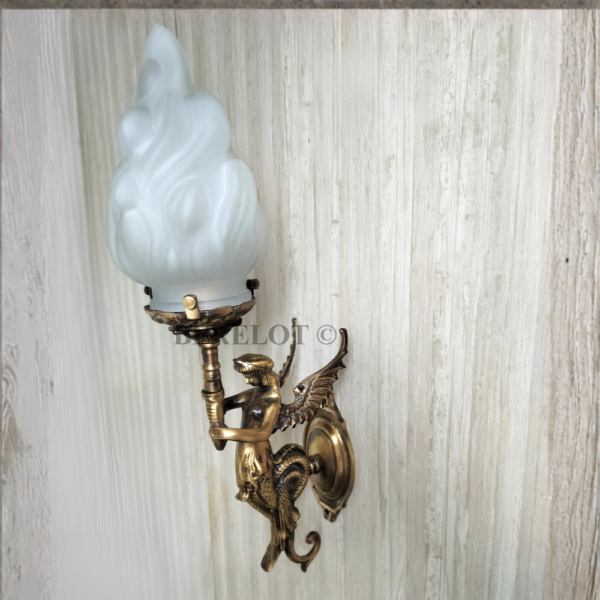 Pair of Antique Brass Mermaid Fairy Wall Lamps with Frosted Flame Glass Shades | Vintage Figurine Sconces