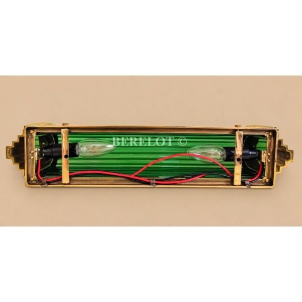 Pair of Art Deco Green Clear Glass Wall Sconces with Brass Frame | Tall Statement Wall Lights
