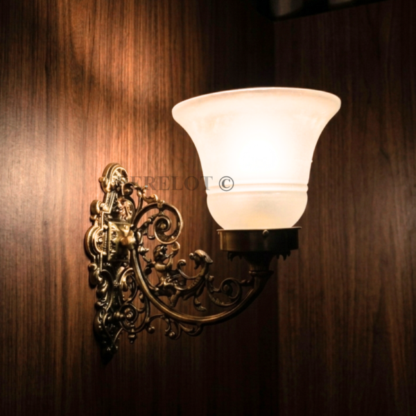 Pair of Antique Brass Victorian Wall Lamps with Frosted Glass Shades | Ornate Vintage Sconces