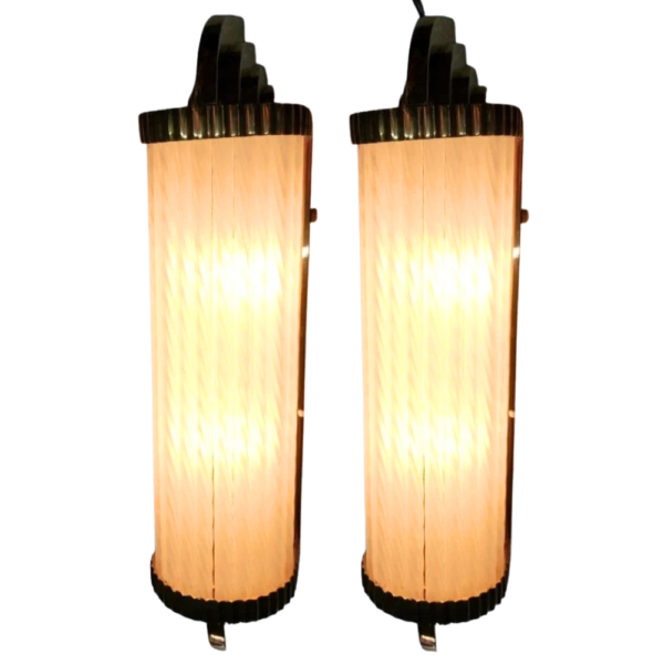 Antique Brass Art Deco Wall Lights with Twisted Frosted Glass Rods | Pair of Vintage Sconces