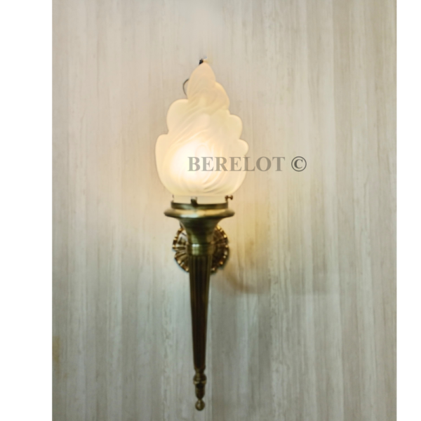 Pair of Antique Brass Mashaal Wall Lamps with Frosted Flame Glass Shades | Vintage Heritage Sconces