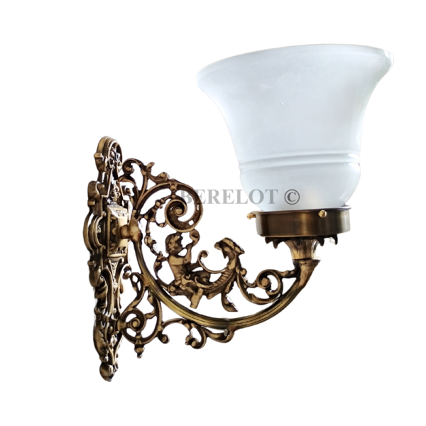 Pair of Antique Brass Victorian Wall Lamps with Frosted Glass Shades | Ornate Vintage Sconces