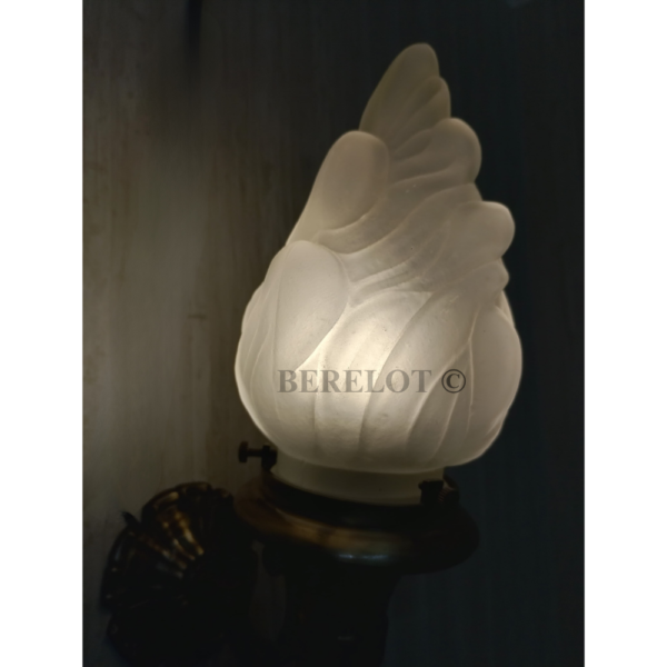 Pair of Antique Brass Mashaal Wall Lamps with Frosted Flame Glass Shades | Vintage Heritage Sconces