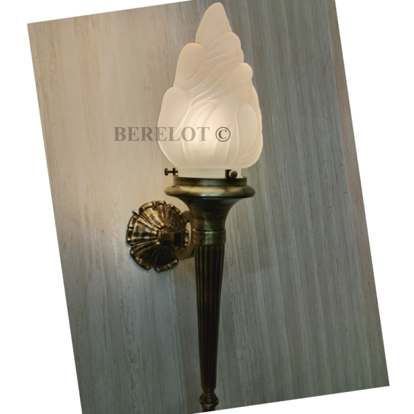 Pair of Antique Brass Mashaal Wall Lamps with Frosted Flame Glass Shades | Vintage Heritage Sconces