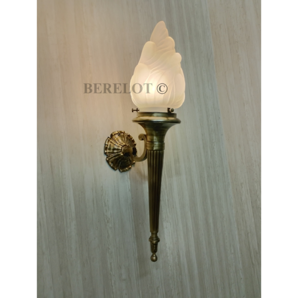 Pair of Antique Brass Mashaal Wall Lamps with Frosted Flame Glass Shades | Vintage Heritage Sconces