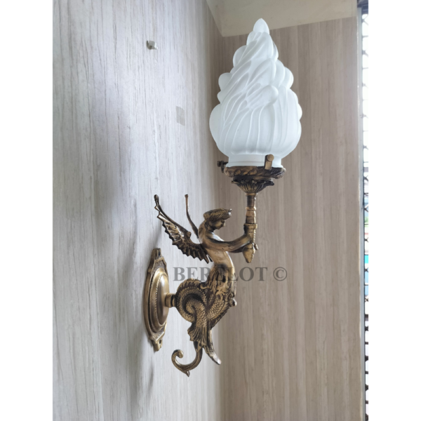 Pair of Antique Brass Mermaid Fairy Wall Lamps with Frosted Flame Glass Shades | Vintage Figurine Sconces