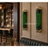 Pair of Art Deco Green Clear Glass Wall Sconces with Brass Frame | Tall Statement Wall Lights