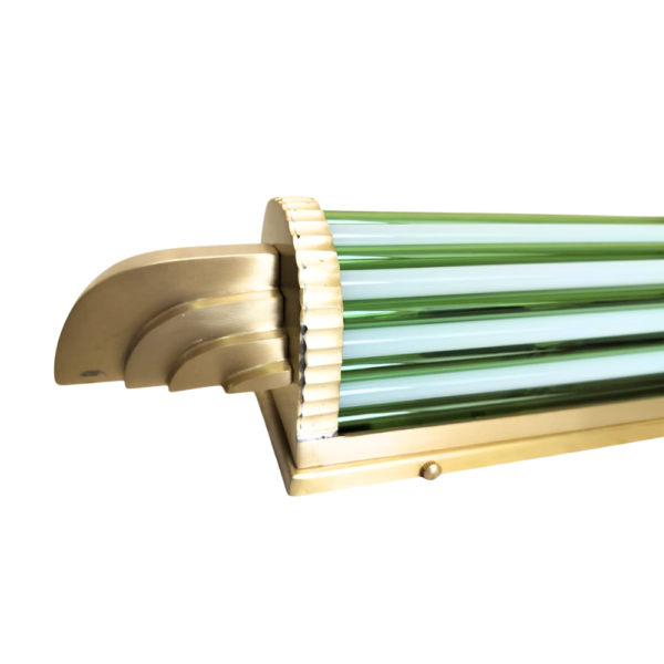 Pair of Art Deco Green & Milk Glass Tube Wall Sconces with Brass Finish | Vertical Wall Lights