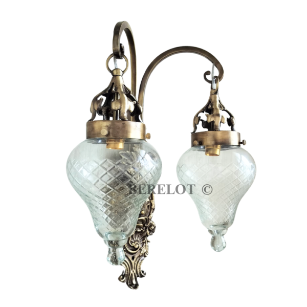 Antique Brass Double Wall Sconce with Cut Glass Shades | Vintage Ornate Twin Arm Lamp