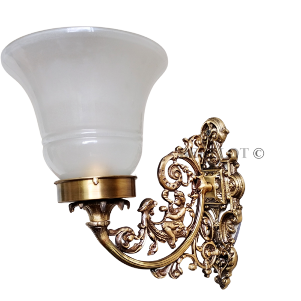 Pair of Antique Brass Victorian Wall Lamps with Frosted Glass Shades | Ornate Vintage Sconces