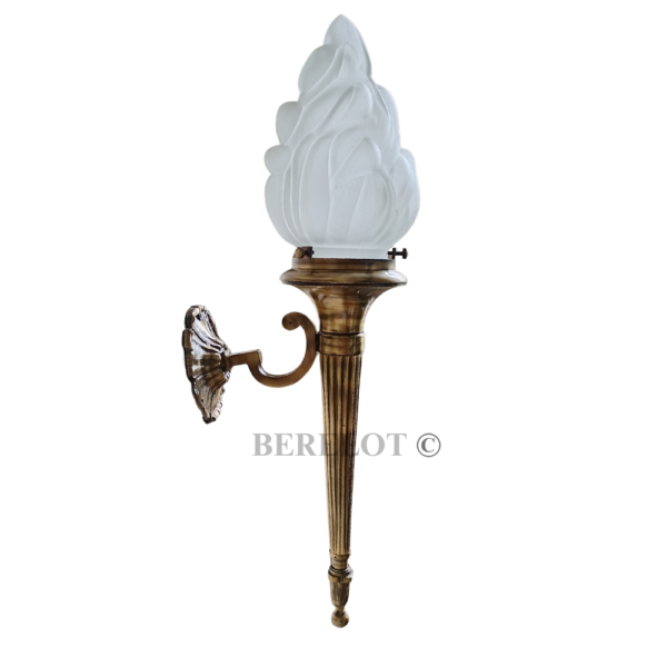 Pair of Antique Brass Mashaal Wall Lamps with Frosted Flame Glass Shades | Vintage Heritage Sconces