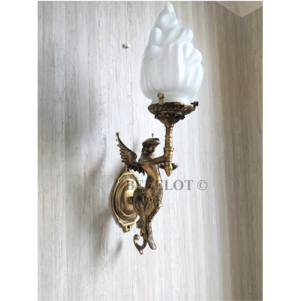 Pair of antique reproduction mermaid fairy brass sconces with frosted flame glass