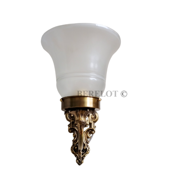 Pair of Antique Brass Victorian Wall Lamps with Frosted Glass Shades | Ornate Vintage Sconces