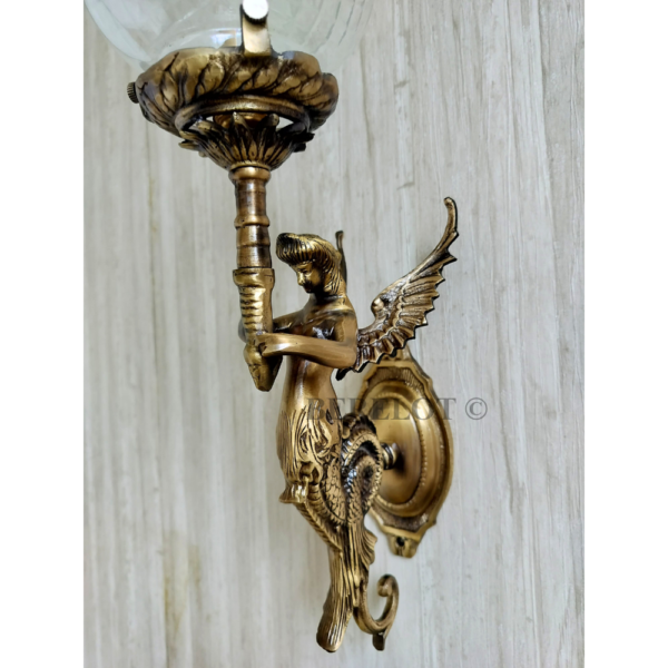 Pair of Antique Brass Mermaid Fairy Wall Lamps with Cut Clear Glass Shades | Vintage Figurine Sconces
