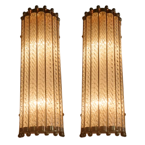 Vintage Art Deco Brass Wall Lights with Twisted Glass Rods | Pair of Decorative Sconce Lamps
