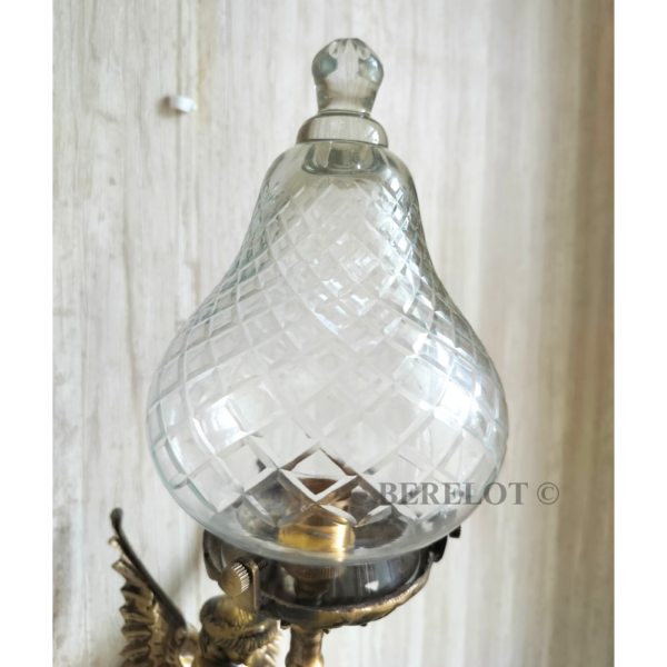 Pair of Antique Brass Mermaid Fairy Wall Lamps with Cut Clear Glass Shades | Vintage Figurine Sconces