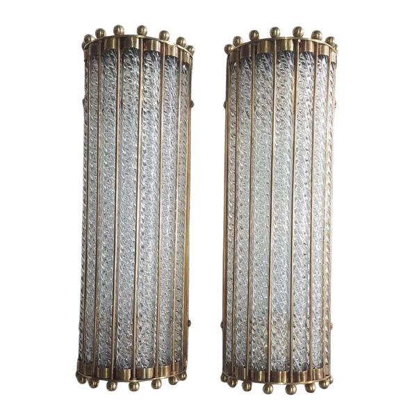 Vintage Art Deco Brass Wall Lights with Twisted Glass Rods | Pair of Decorative Sconce Lamps