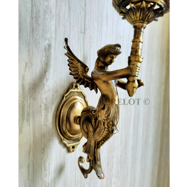 Pair of Antique Brass Mermaid Fairy Wall Lamps with Cut Clear Glass Shades | Vintage Figurine Sconces