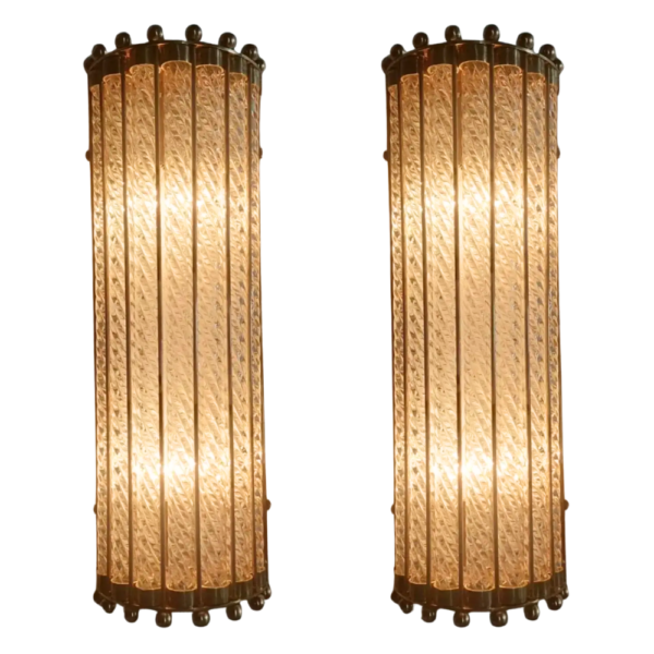 Vintage Art Deco Brass Wall Lights with Twisted Glass Rods | Pair of Decorative Sconce Lamps