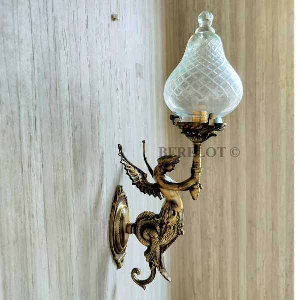 Pair of Antique Brass Mermaid Fairy Wall Lamps with Cut Clear Glass Shades | Vintage Figurine Sconces