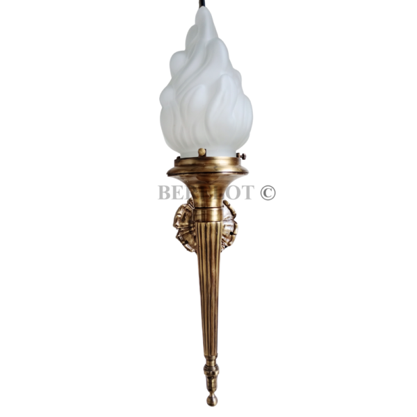 Pair of Antique Brass Mashaal Wall Lamps with Frosted Flame Glass Shades | Vintage Heritage Sconces