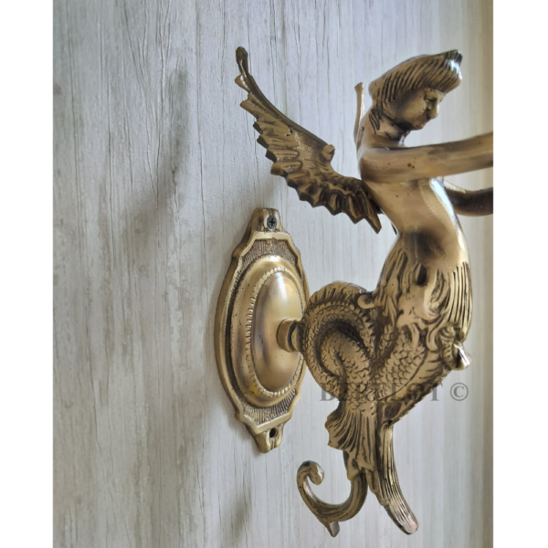 Pair of Antique Brass Mermaid Fairy Wall Lamps with Cut Clear Glass Shades | Vintage Figurine Sconces