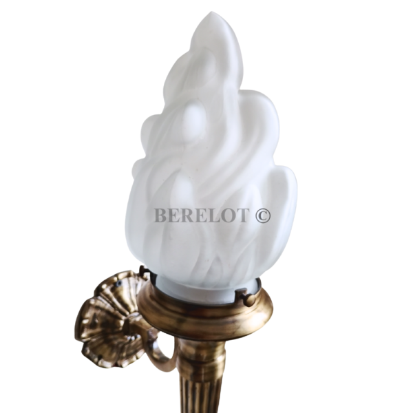 Pair of Antique Brass Mashaal Wall Lamps with Frosted Flame Glass Shades | Vintage Heritage Sconces