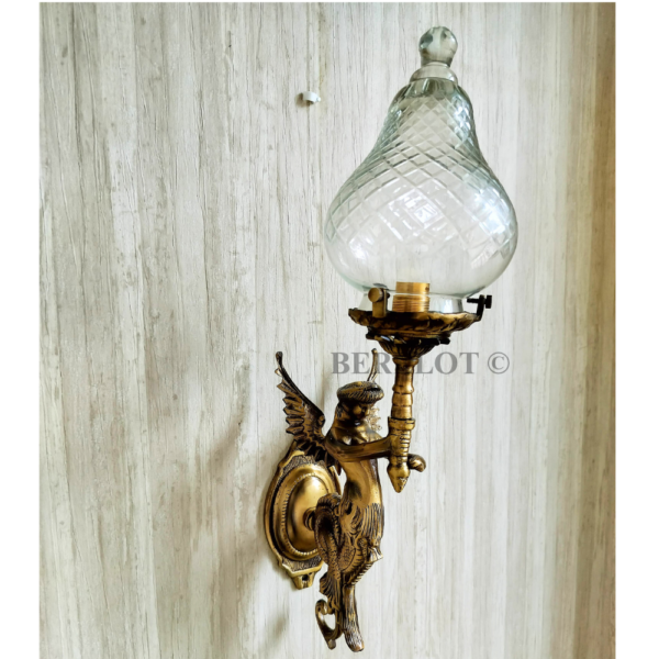 Pair of Antique Brass Mermaid Fairy Wall Lamps with Cut Clear Glass Shades | Vintage Figurine Sconces