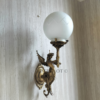 Pair of Brass Antique Wall Lamps with Etched Frosted Glass Globes | Vintage Figurine Sconces