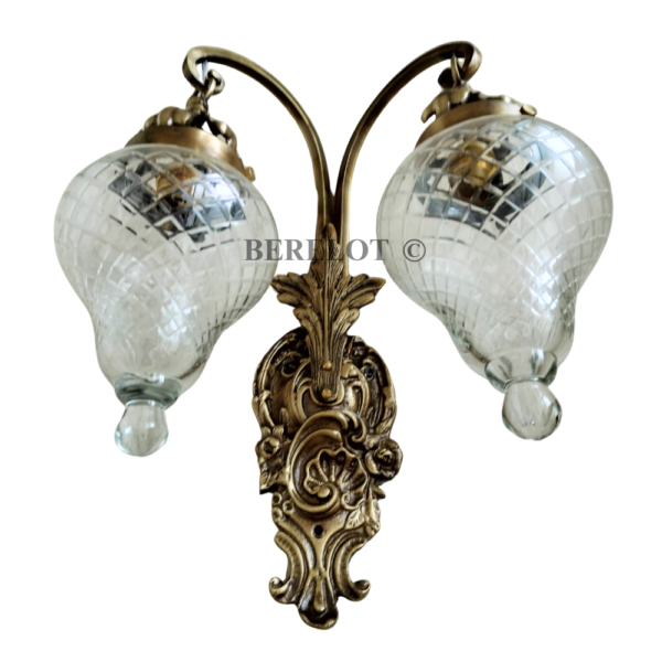 Antique Brass Double Wall Sconce with Cut Glass Shades | Vintage Ornate Twin Arm Lamp