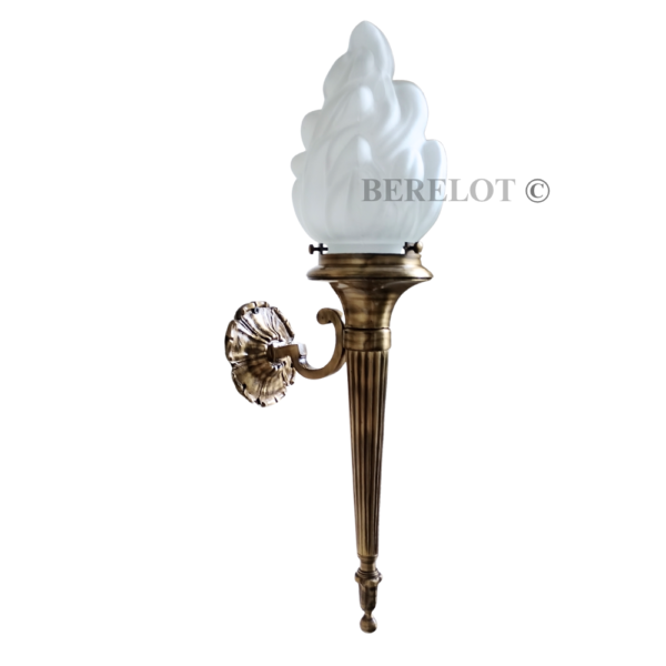 Pair of Antique Brass Mashaal Wall Lamps with Frosted Flame Glass Shades | Vintage Heritage Sconces