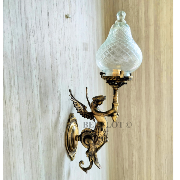 Pair of Antique Brass Mermaid Fairy Wall Lamps with Cut Clear Glass Shades | Vintage Figurine Sconces