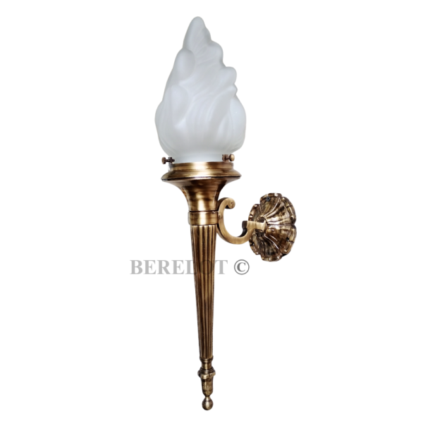Pair of Antique Brass Mashaal Wall Lamps with Frosted Flame Glass Shades | Vintage Heritage Sconces