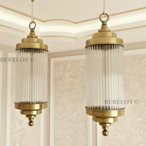 Vintage Brass Pendant Lights with Clear Glass Cylinders | Pair of Art Deco Hanging Lamps