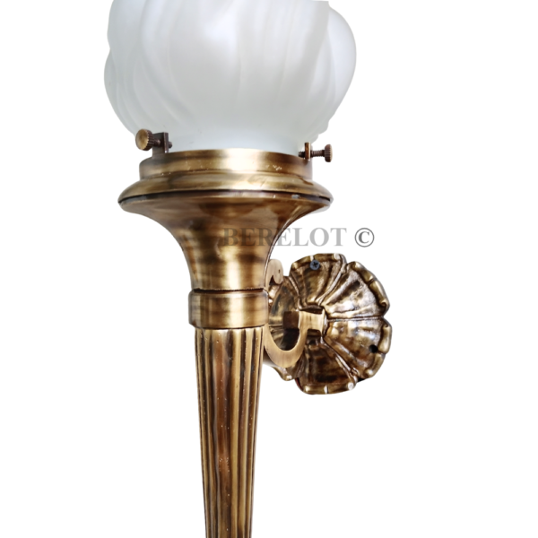 Pair of Antique Brass Mashaal Wall Lamps with Frosted Flame Glass Shades | Vintage Heritage Sconces
