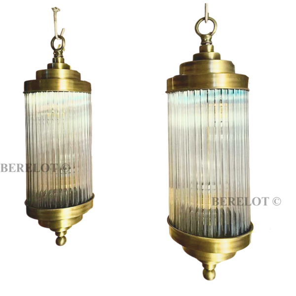 Vintage Brass Pendant Lights with Clear Glass Cylinders | Pair of Art Deco Hanging Lamps