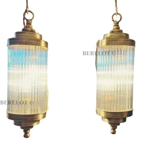 Vintage Brass Pendant Lights with Clear Glass Cylinders | Pair of Art Deco Hanging Lamps