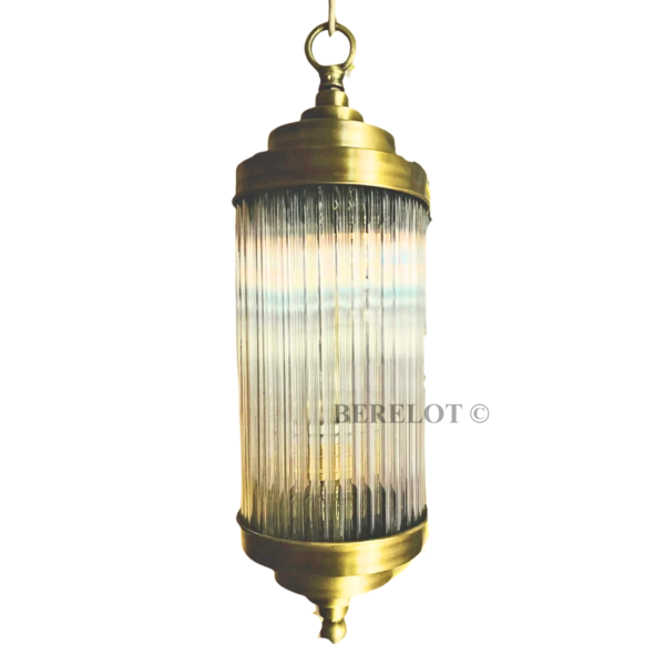 Vintage Brass Pendant Lights with Clear Glass Cylinders | Pair of Art Deco Hanging Lamps