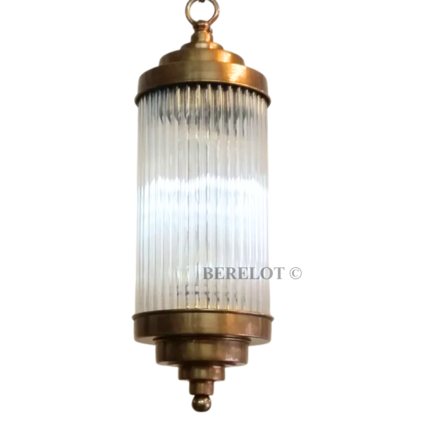 Vintage Brass Pendant Lights with Clear Glass Cylinders | Pair of Art Deco Hanging Lamps