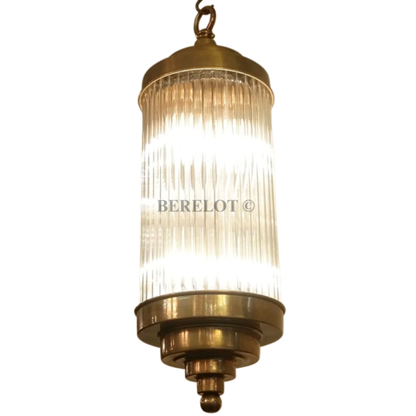 Vintage Brass Pendant Lights with Clear Glass Cylinders | Pair of Art Deco Hanging Lamps